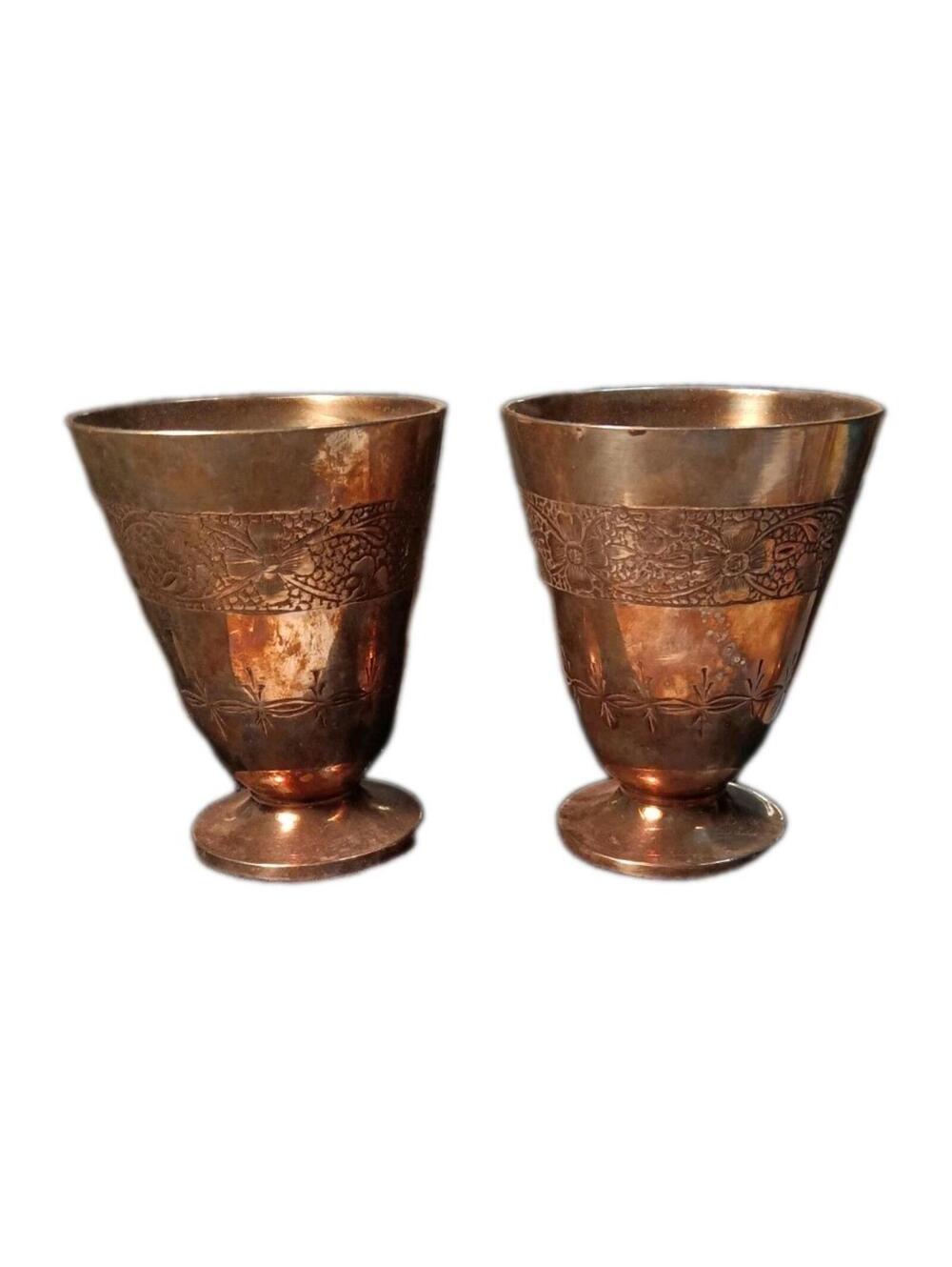 Vintage Silver Plated Vodka Shot Glasses Set of 2 Engraved Cordial Cups Goblets